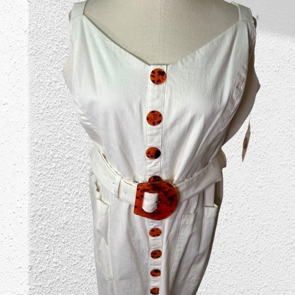 Eloquii White Midi Dress with Tortoiseshell Buttons and Belt - Picture 5 of 13
